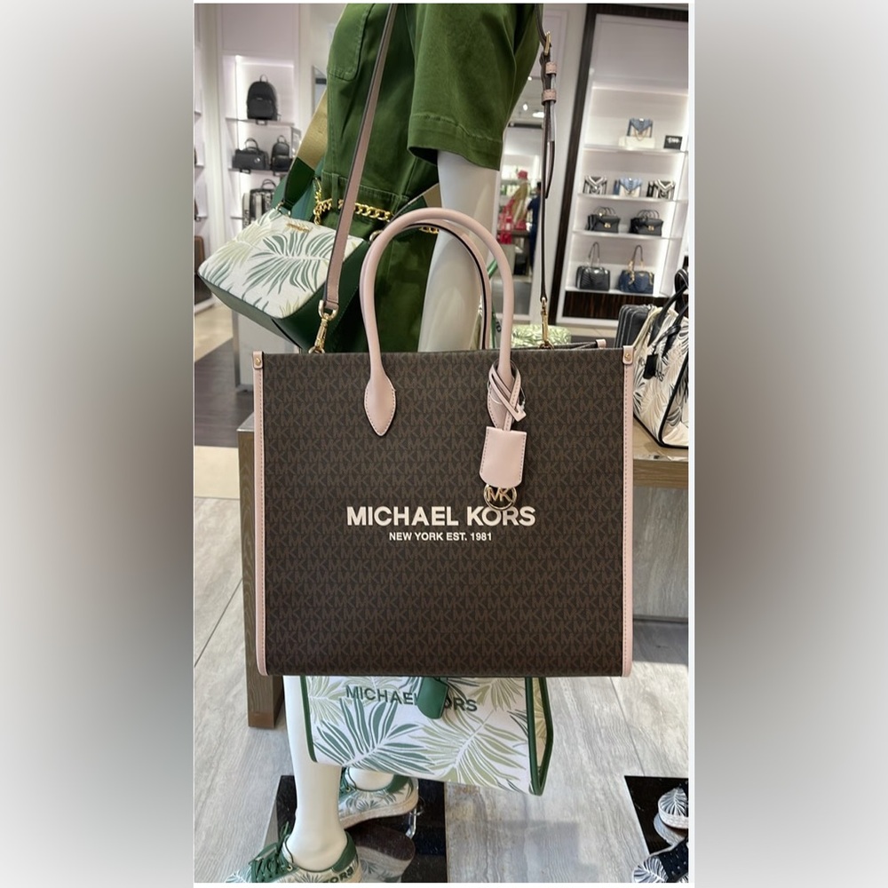 Michael Kors Mirella Large Tote Crossbody Bag Pink MK Signature NWT